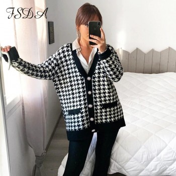 V Neck Women Button Black Houndstooth Cardigan 2020 Long Sleeve Sweater Autumn Winter Knitted Loose Oversized 